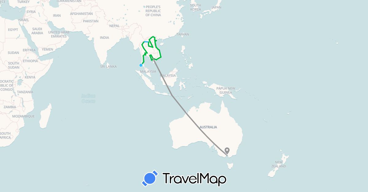 TravelMap itinerary: bus, plane, boat in Australia, Cambodia, Laos, Thailand, Vietnam (Asia, Oceania)
